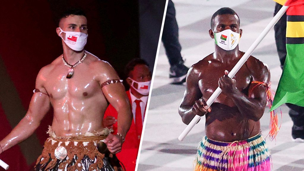 Tonga’s shirtless flag bearer meets Vanuatu rival – sending Twitter fans into frenzy